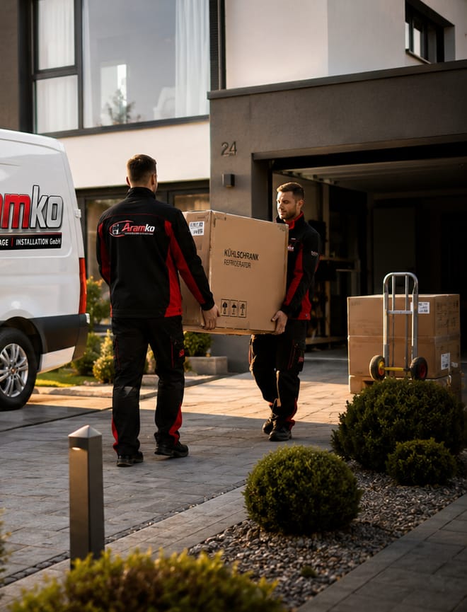 Aramko-Team trägt einen verpackten Kühlschrank vom Lieferwagen zur Haustür des Kunden