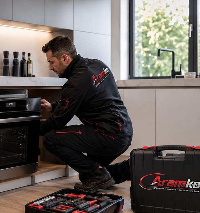 Aramko-Monteur baut einen Backofen in einer Kundenküche ein, daneben der Werkzeugkoffer