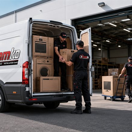 Aramko-Team belädt den Transporter am Betriebshof mit verpackten Haushaltsgeräten aus Partneraufträgen