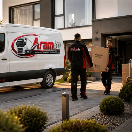 Aramko-Transporter in einer Wohnstraße – zwei Monteure tragen einen verpackten Kühlschrank zur Haustür