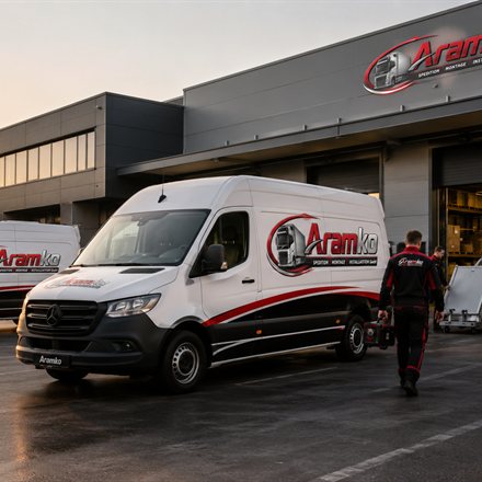 Aramko-Transporter vor dem Betriebshof im Morgenlicht, während das Team für die Touren des Tages belädt