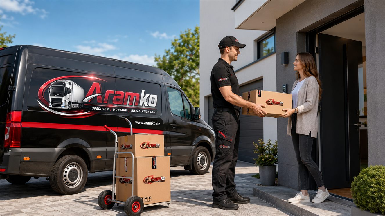 Aramko-Fahrer übergibt einer Kundin ein Paket an der Haustür, Transporter und Sackkarre im Hintergrund