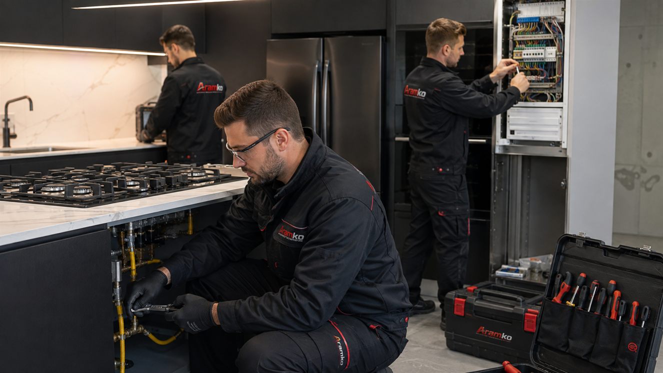 Aramko-Fachkräfte schließen ein Gaskochfeld an und arbeiten am Elektroverteiler in einer Küche
