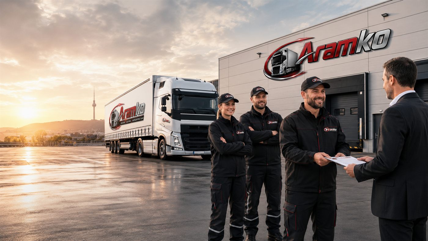 Aramko-Team übergibt einem Geschäftskunden Auftragsunterlagen vor dem Betriebsgelände