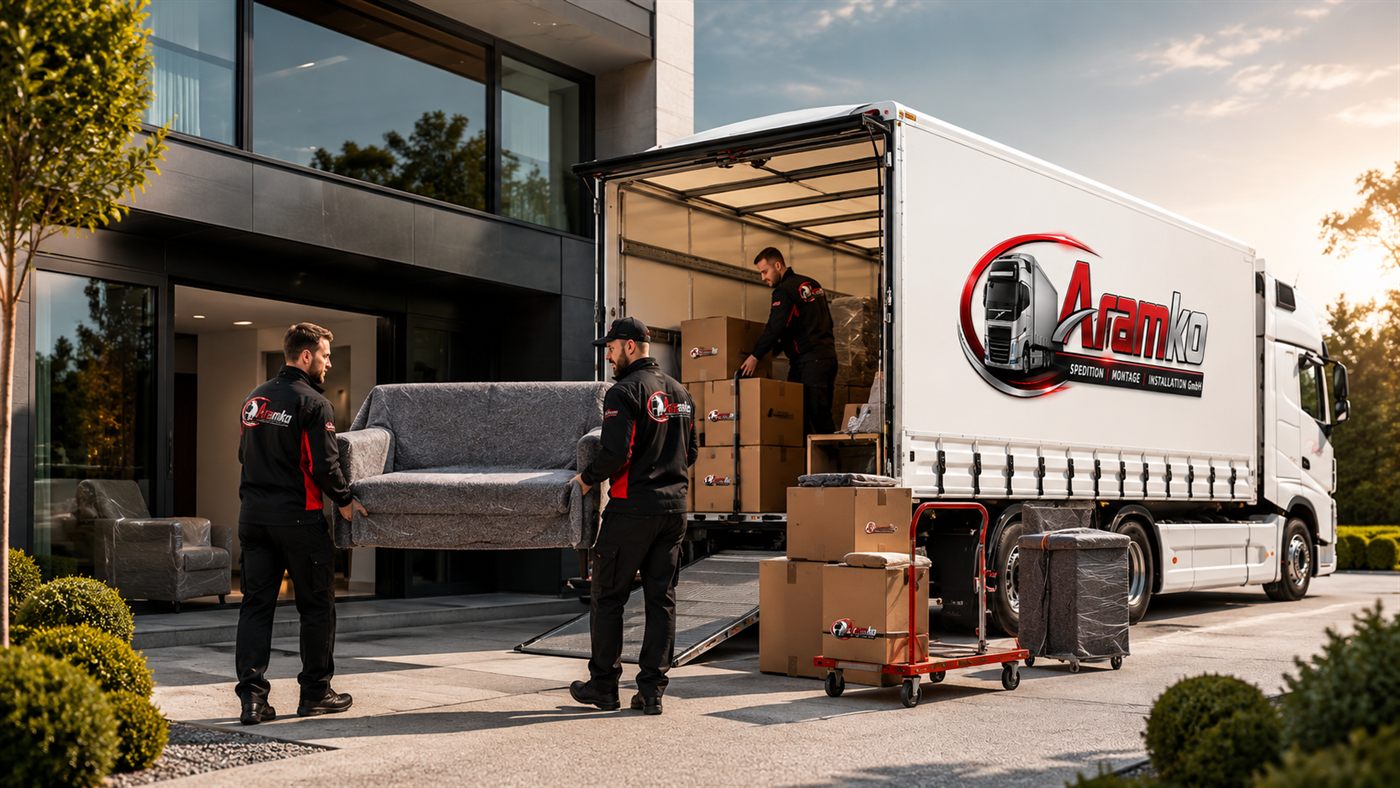 Aramko-Team entlädt Ware aus dem Lkw vor einem Wohnhaus in der Region Stuttgart