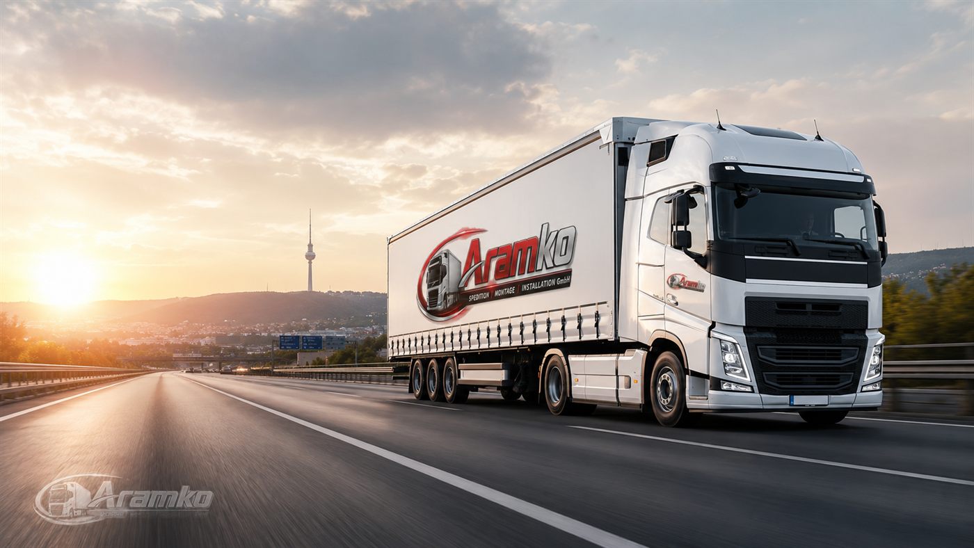 Aramko-Lkw auf der Autobahn Richtung Stuttgart, unterwegs zur Zustellung von Haushaltsgeräten
